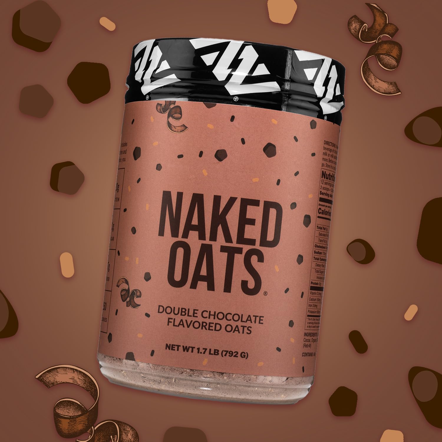 NAKED OATS Double Chocolate ingredient closeup reveals premium mix.