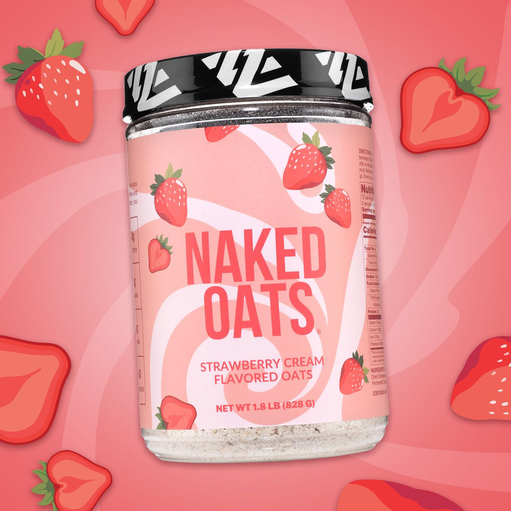 Naked Oats freeze-dried strawberries shown for real fruit flavor.