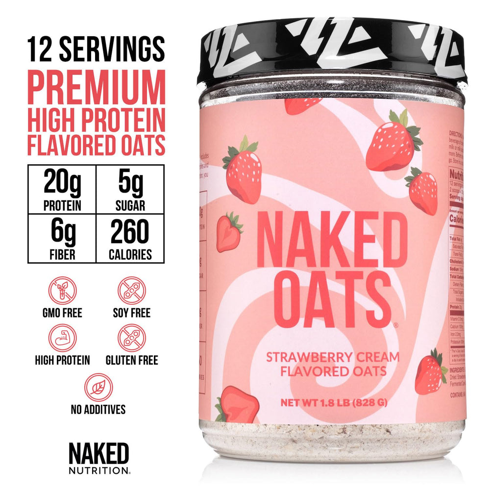 Naked Oats ingredients highlight gluten-free oats and whey protein for clean nutrition.
