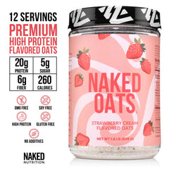 Naked Oats ingredients highlight gluten-free oats and whey protein for clean nutrition.