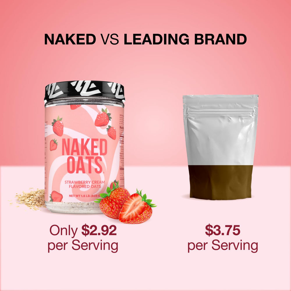 Naked Oats powder scoop emphasizing grass-fed whey protein.