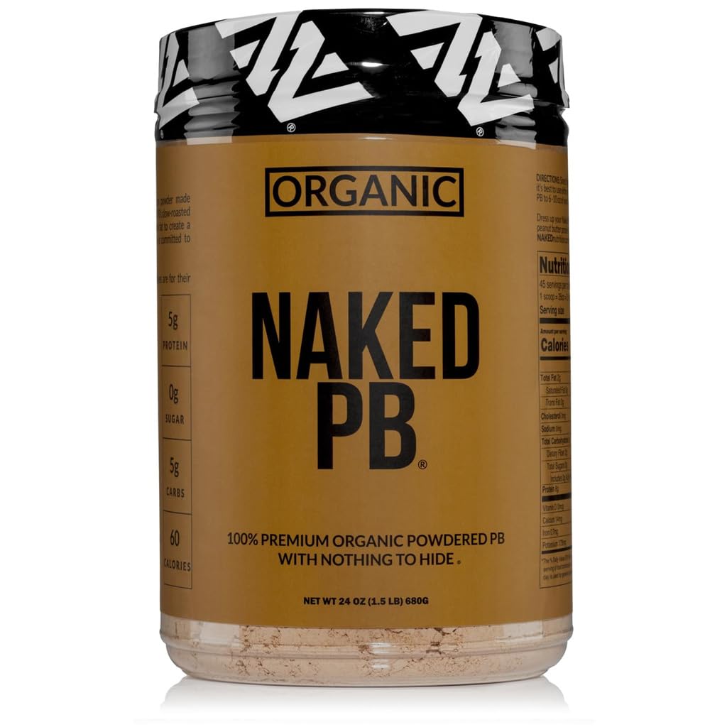 NAKED Organic Powdered Peanut Butter packaging highlights 100% peanut powder and US sourcing for clean nutrition.