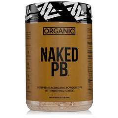 NAKED Organic Powdered Peanut Butter packaging highlights 100% peanut powder and US sourcing for clean nutrition.