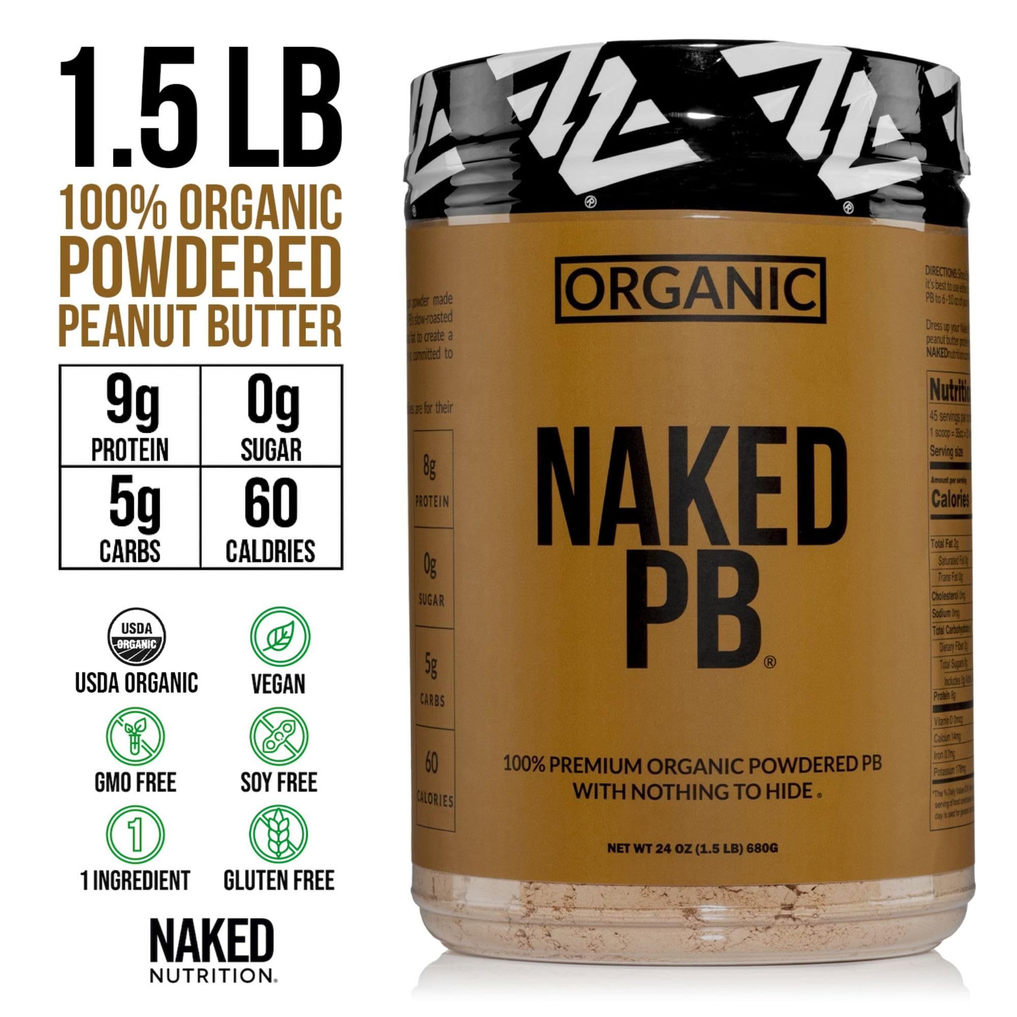 NAKED Organic Powdered Peanut Butter texture close-up shows fine, smooth grind.