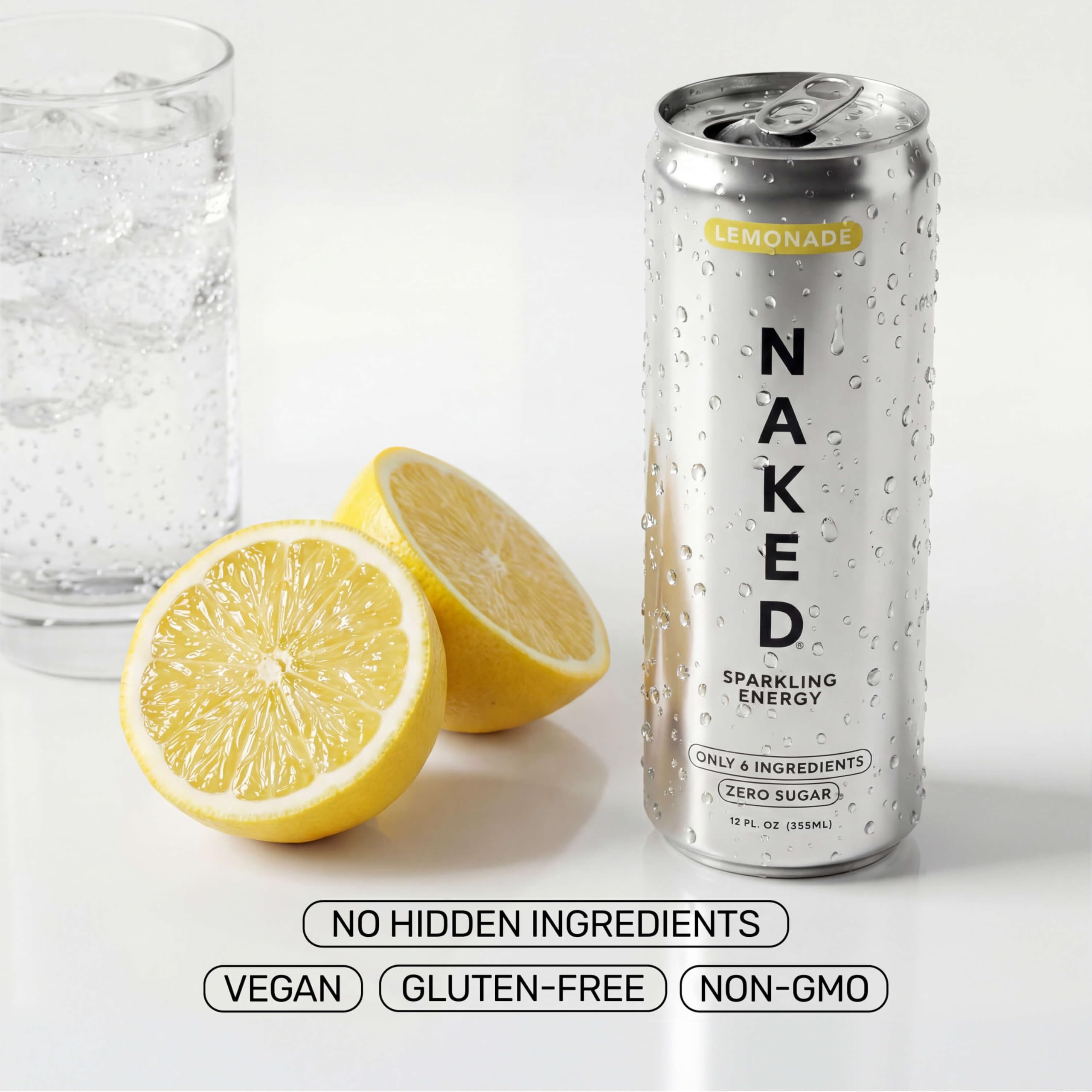 NAKED Sparkling Energy Lemonade can pouring into glass emphasizes natural sweetness.
