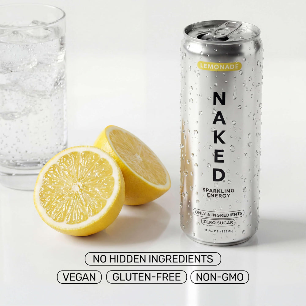 NAKED Sparkling Energy Lemonade can pouring into glass emphasizes natural sweetness.