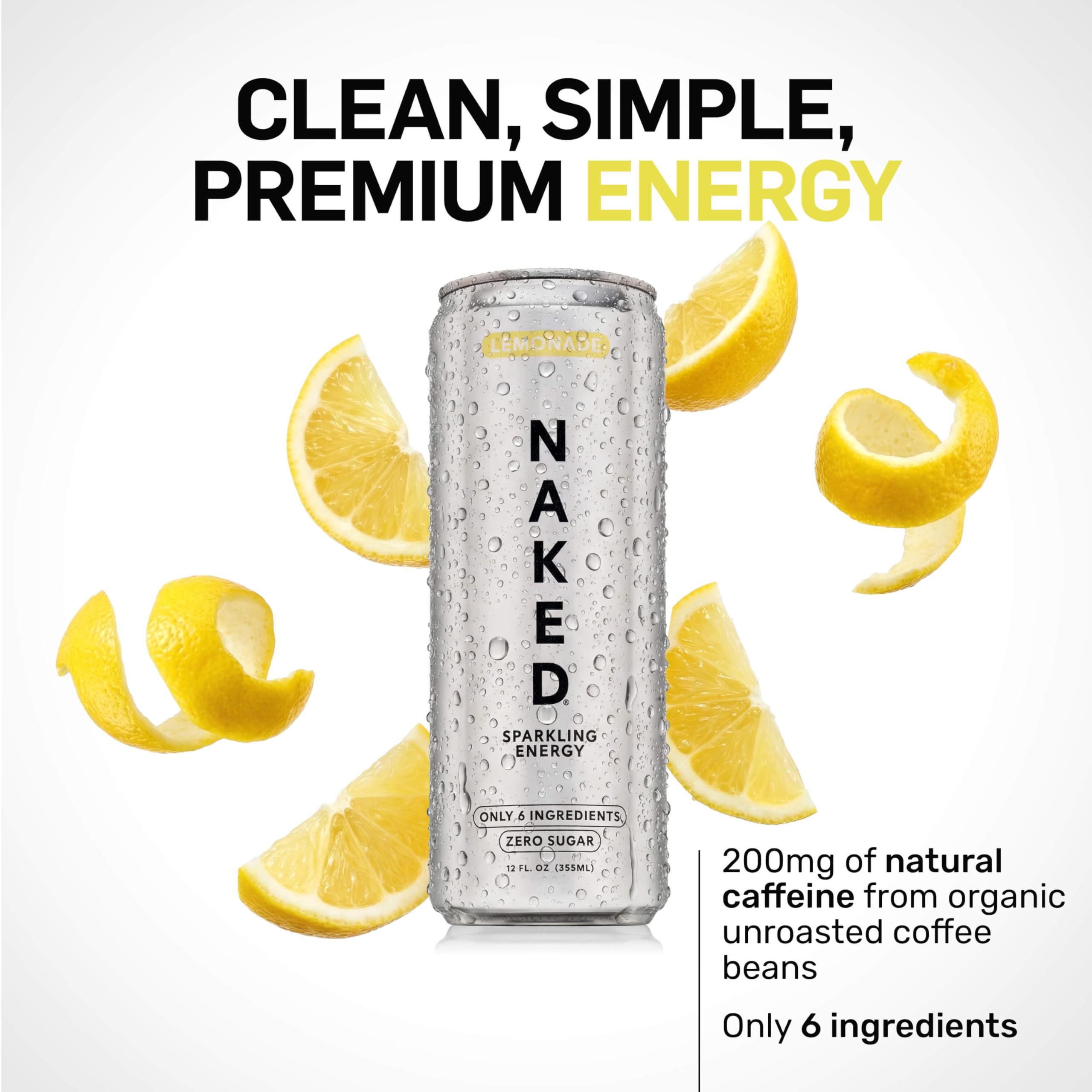 NAKED Sparkling Energy Lemonade ingredients closeup showcases 6 premium ingredients.
