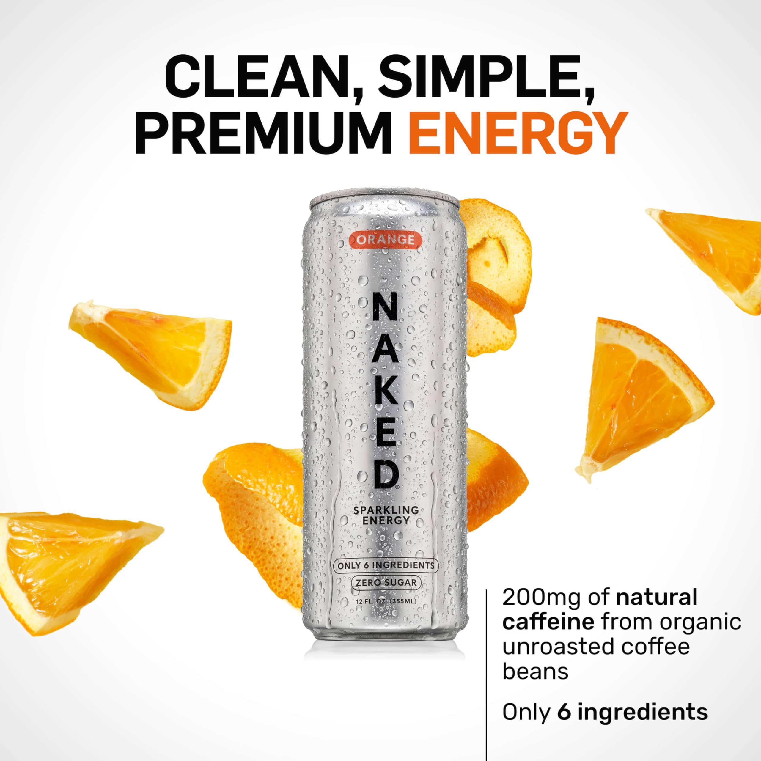 NAKED Sparkling Energy ingredients panel featuring organic caffeine and lemon juice