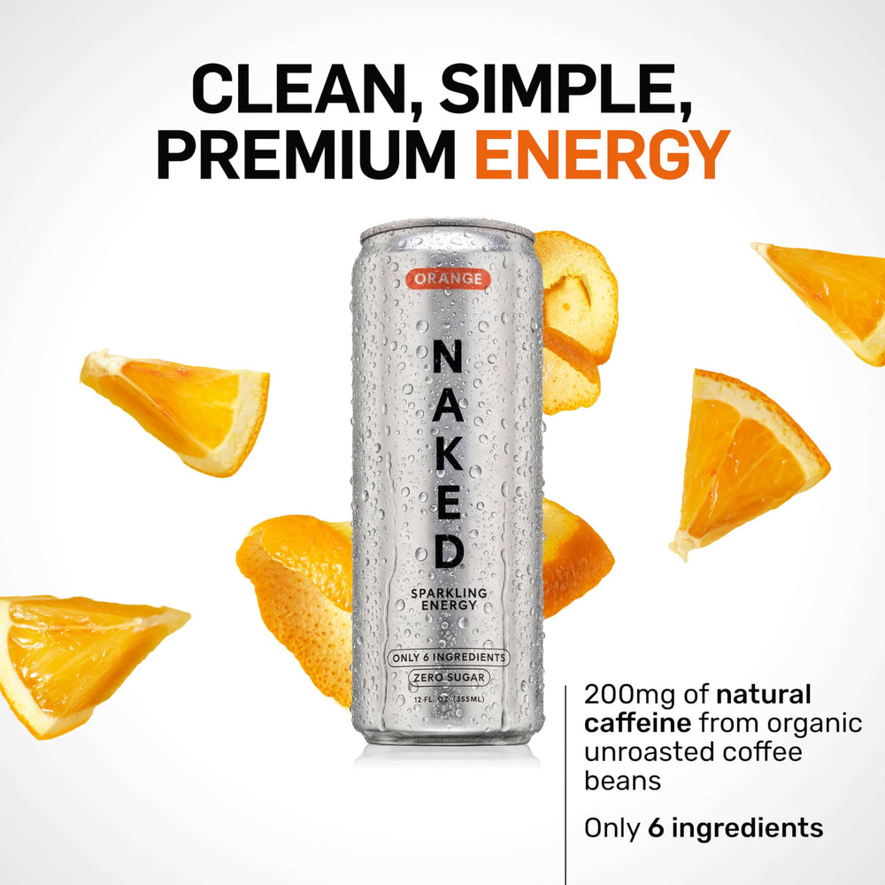 NAKED Sparkling Energy ingredients panel featuring organic caffeine and lemon juice