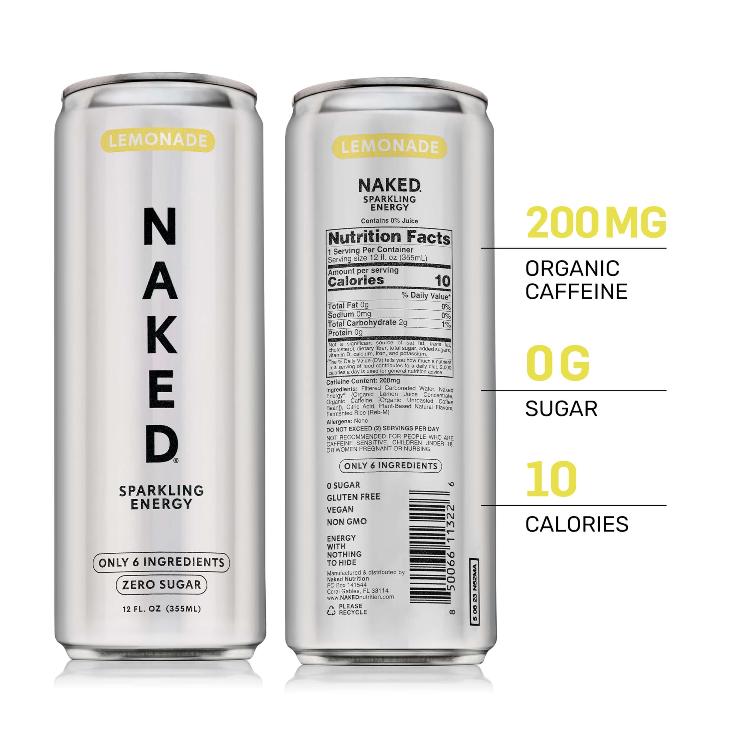 NAKED Sparkling Energy Lemonade can with pour highlights refreshment and steady organic caffeine boost.