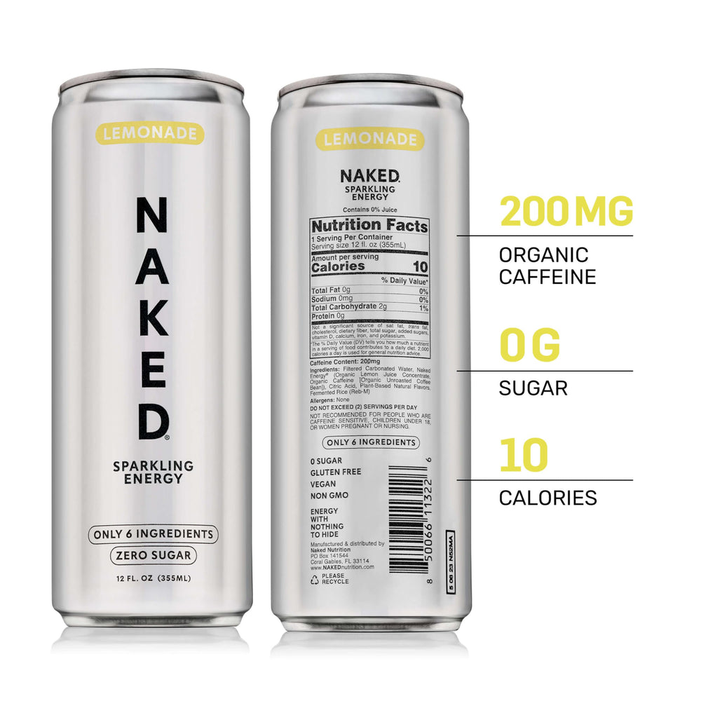 NAKED Sparkling Energy Lemonade can with pour highlights refreshment and steady organic caffeine boost.