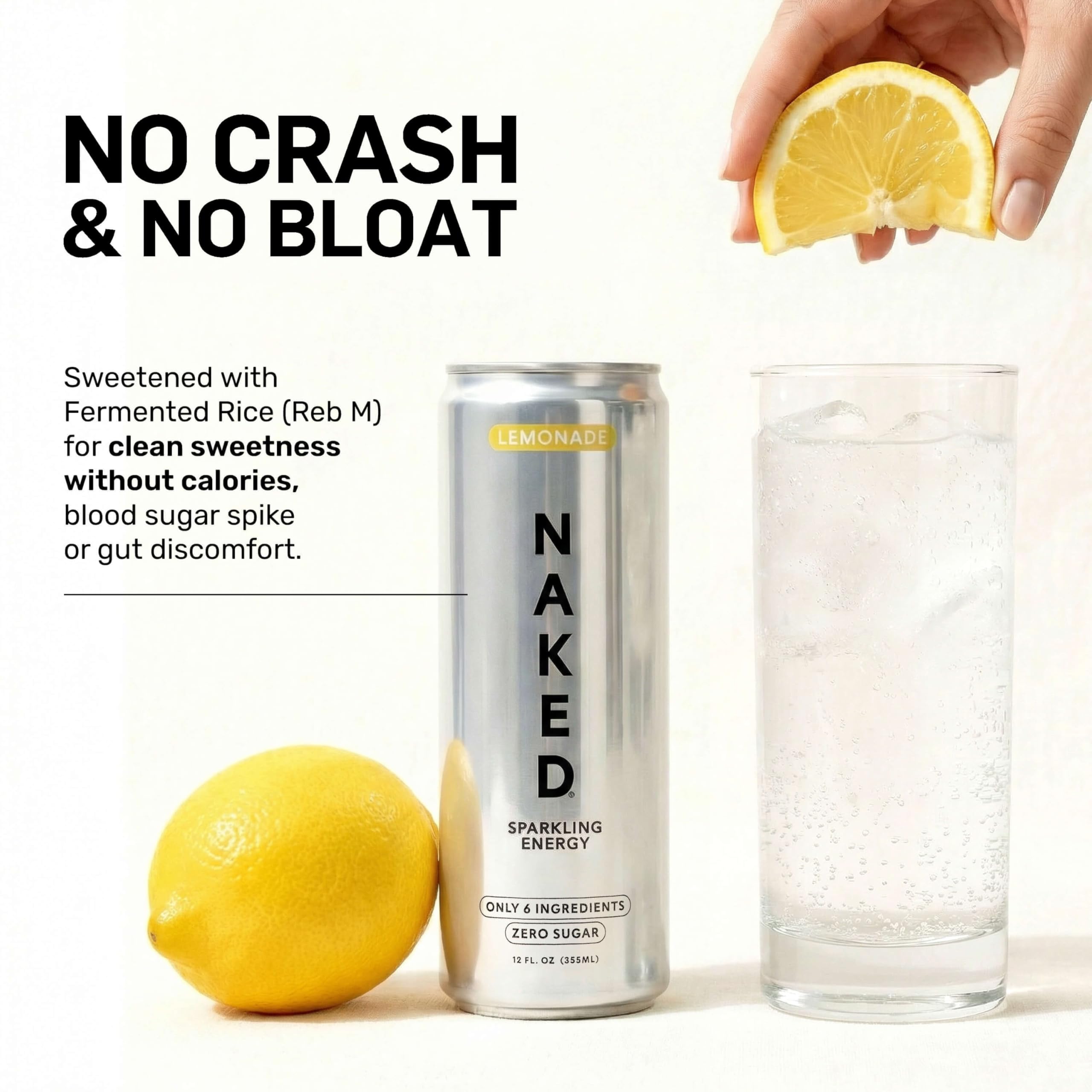 NAKED Sparkling Energy Lemonade glass with lemon wedge evokes zero sugar, no crash.