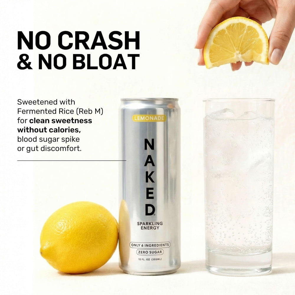 NAKED Sparkling Energy Lemonade glass with lemon wedge evokes zero sugar, no crash.