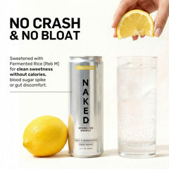 NAKED Sparkling Energy Lemonade glass with lemon wedge evokes zero sugar, no crash.