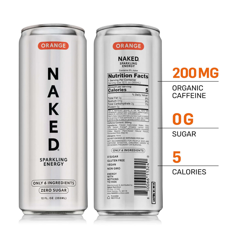 NAKED Sparkling Energy Orange label close-up showing clean ingredients