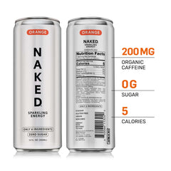 NAKED Sparkling Energy Orange label close-up showing clean ingredients
