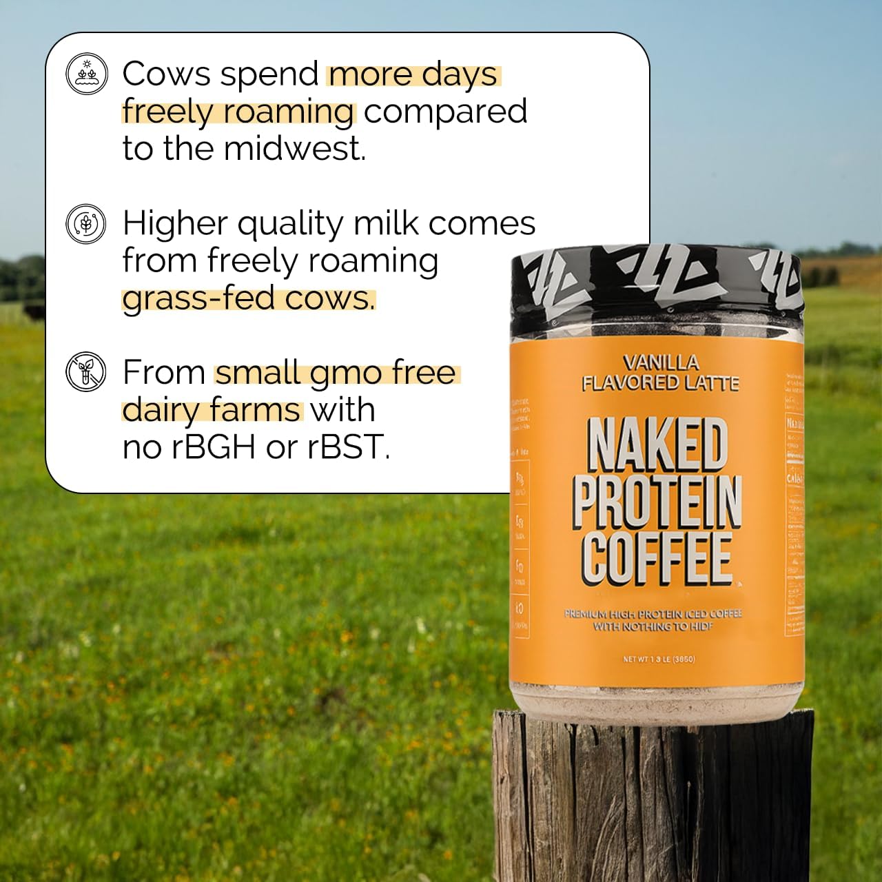 NAKED Vanilla Latte caffeine cup highlights 95mg energy for focus.