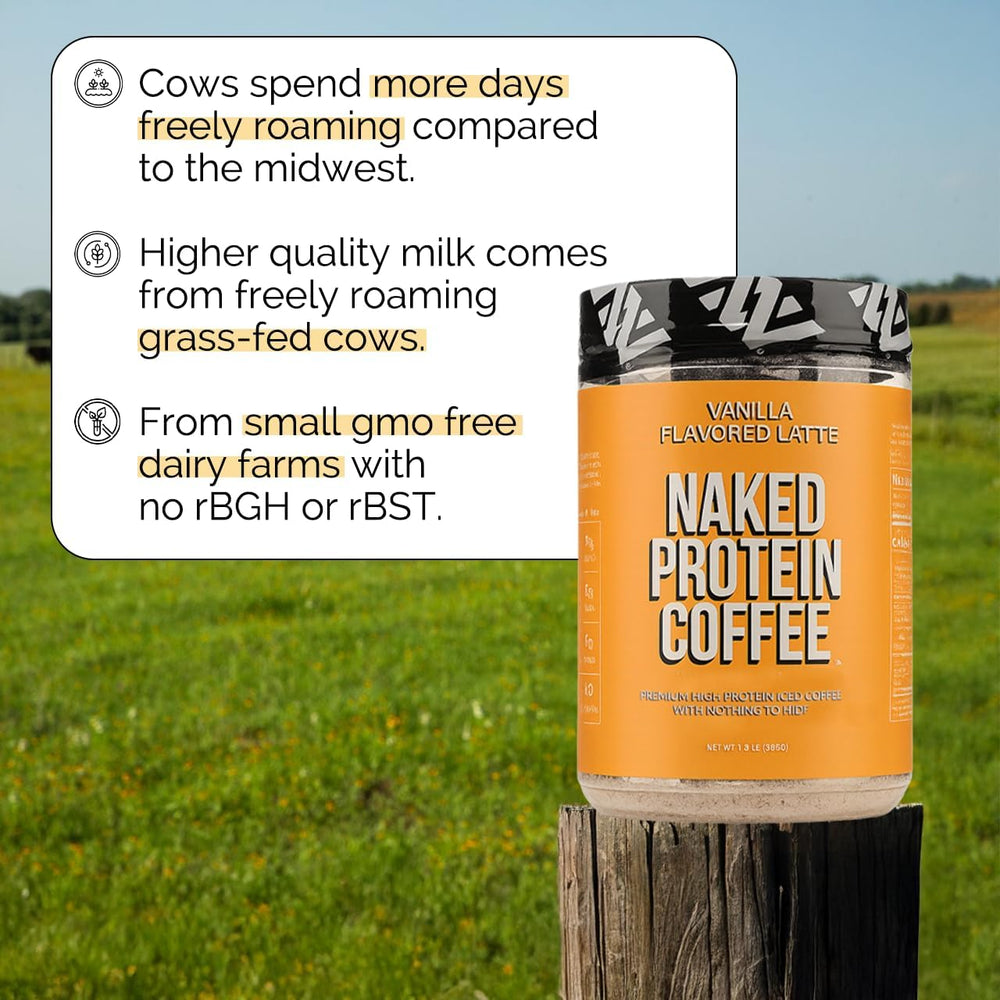 NAKED Vanilla Latte caffeine cup highlights 95mg energy for focus.