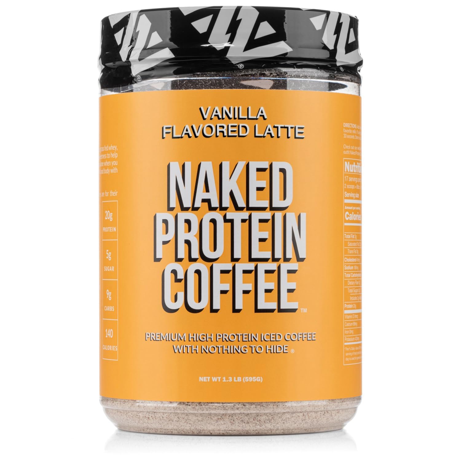 NAKED Vanilla Latte coffee powder bag showcases premium Colombian energy blend.