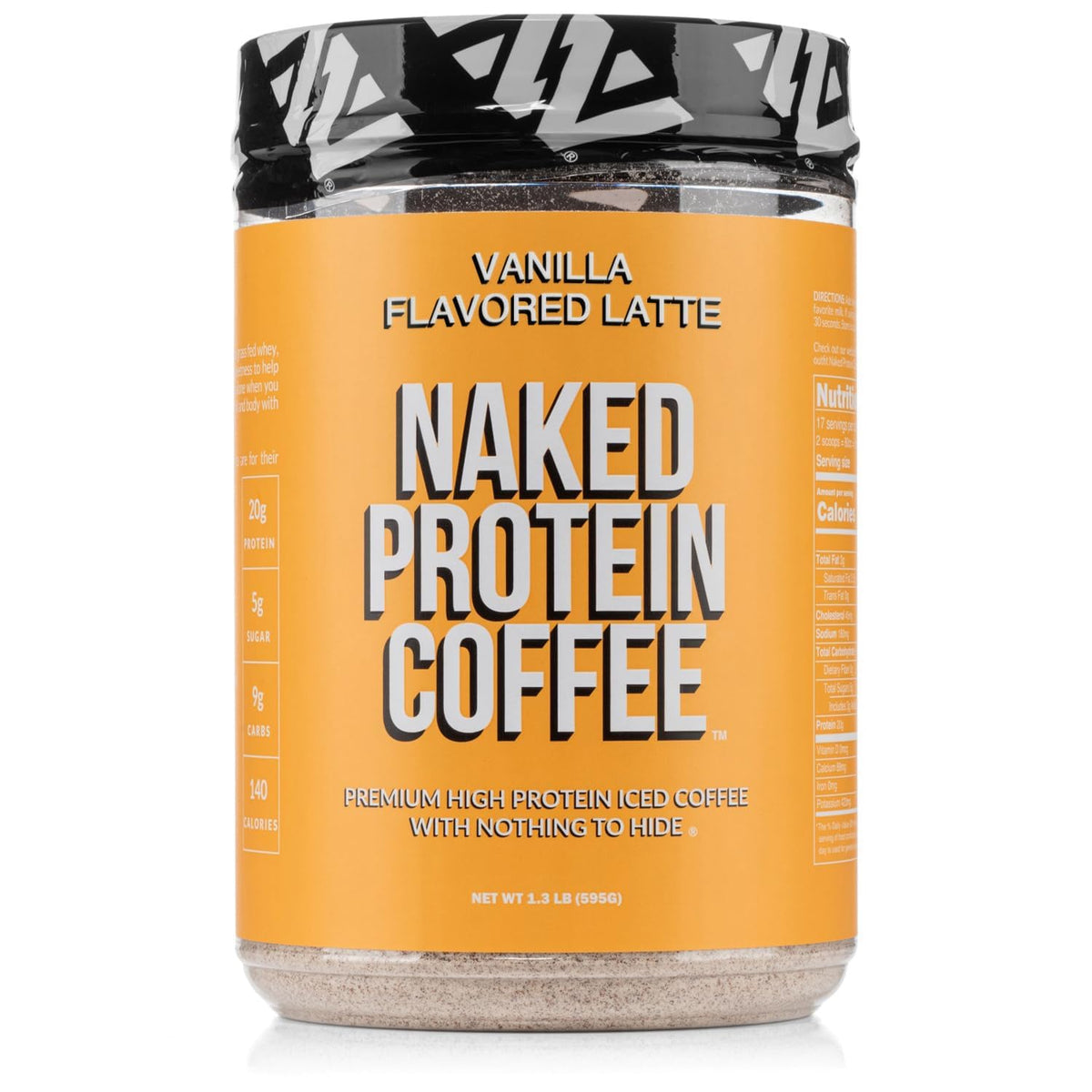NAKED Vanilla Latte coffee powder bag showcases premium Colombian energy blend.