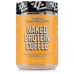NAKED Vanilla Latte coffee powder bag showcases premium Colombian energy blend.