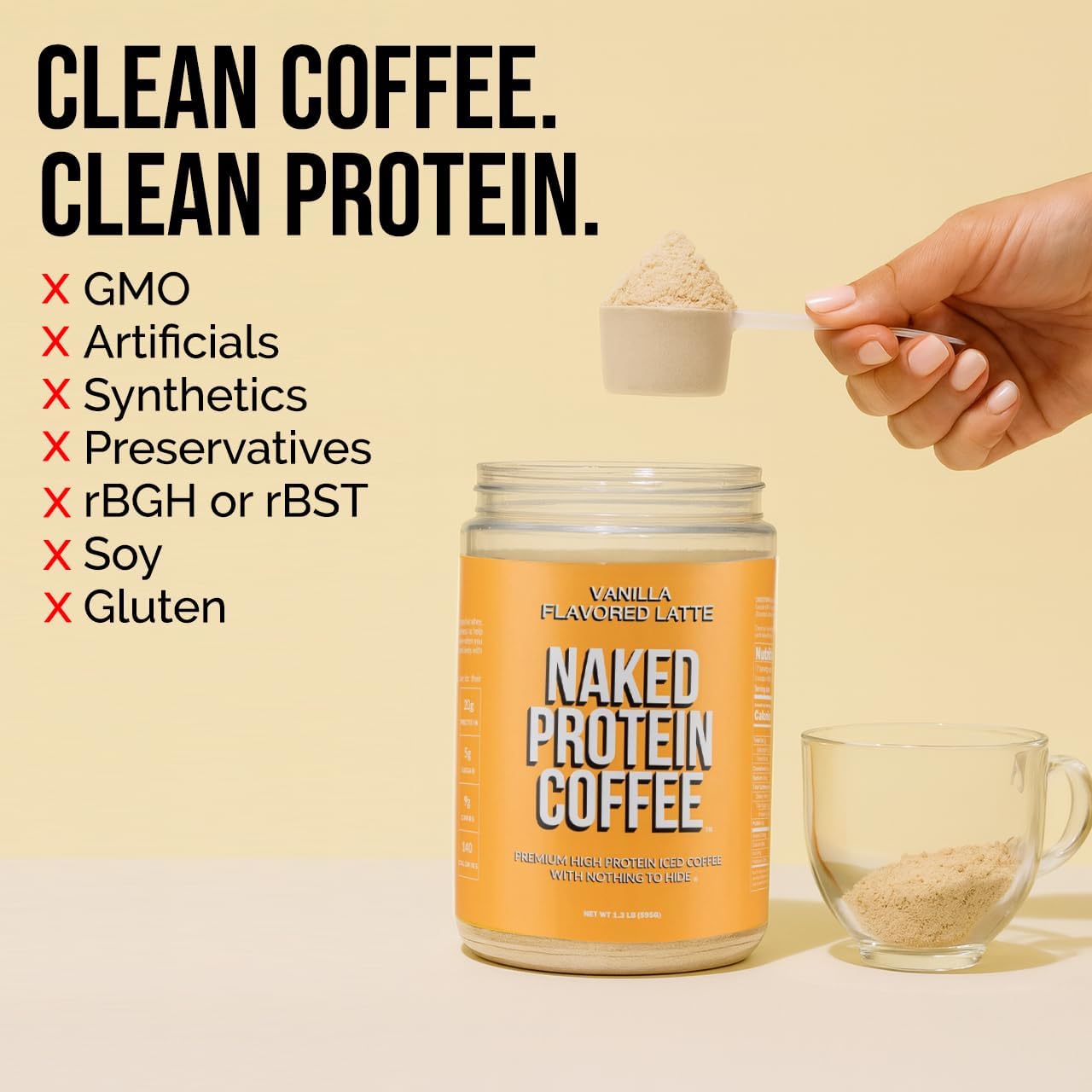 NAKED Vanilla Latte Colombian coffee ingredients highlighted for flavor.