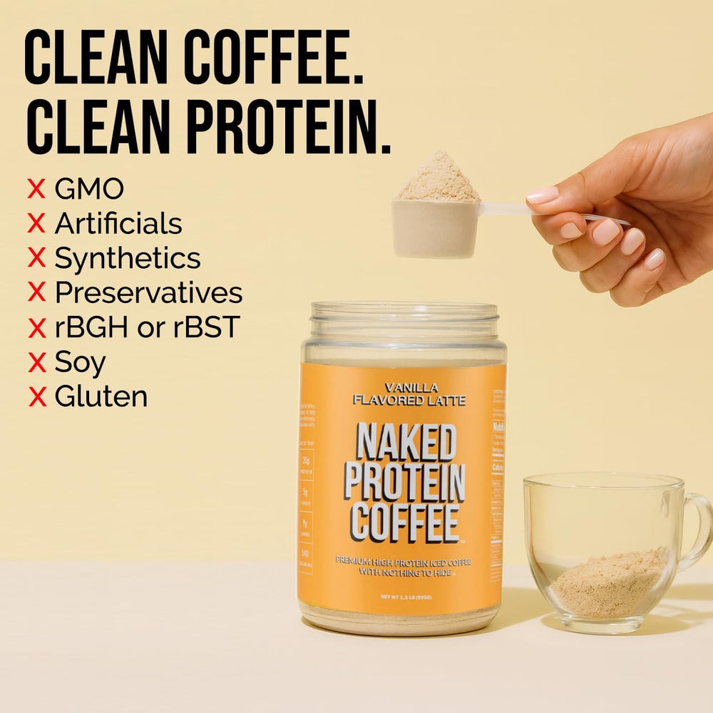 NAKED Vanilla Latte Colombian coffee ingredients highlighted for flavor.