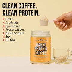 NAKED Vanilla Latte Colombian coffee ingredients highlighted for flavor.
