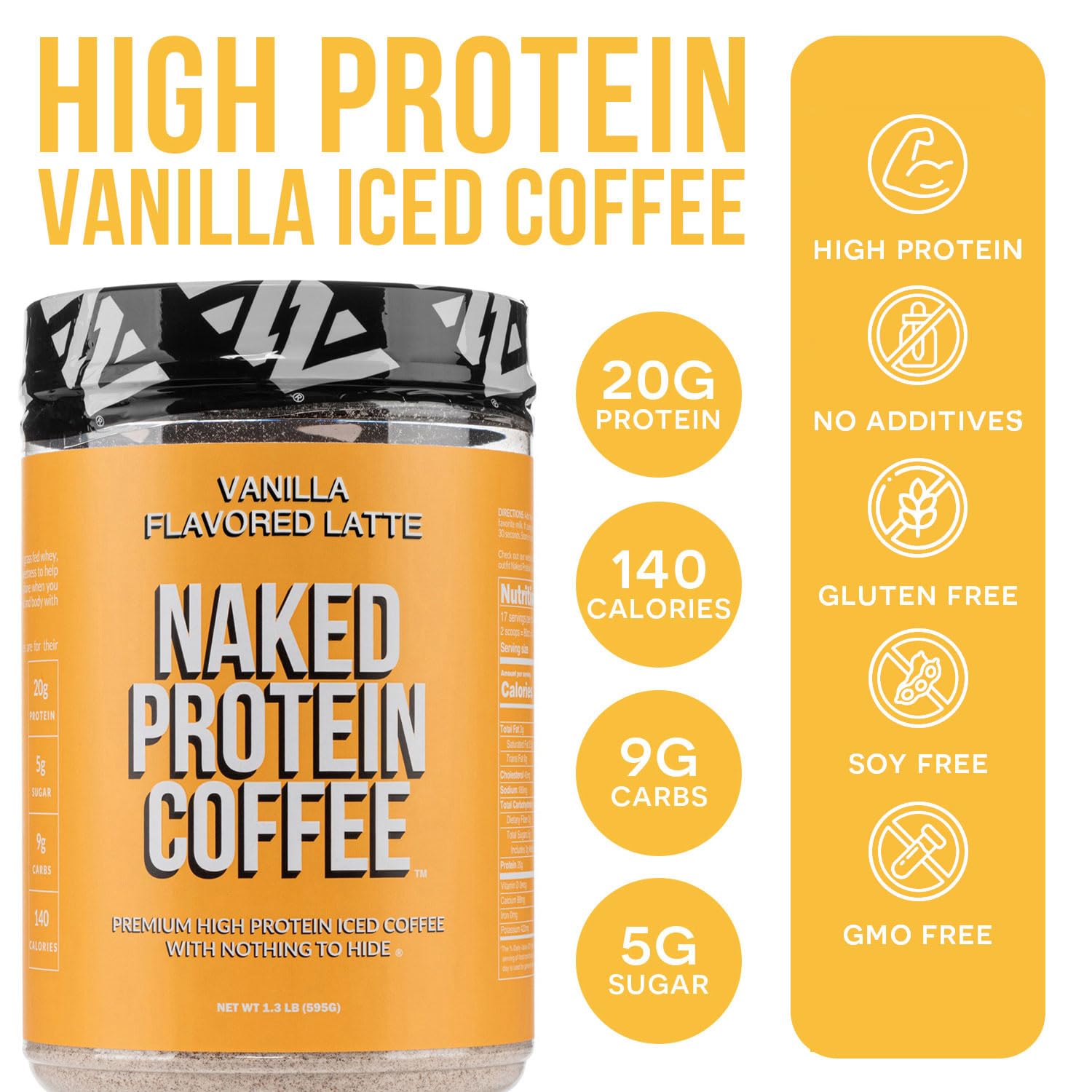 NAKED Vanilla Latte 20g whey protein scoop boosts recovery after workouts.