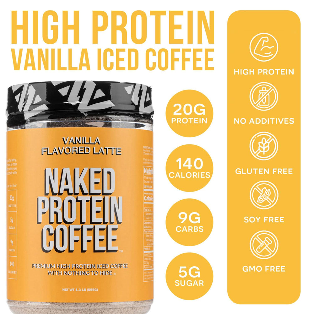 NAKED Vanilla Latte 20g whey protein scoop boosts recovery after workouts.