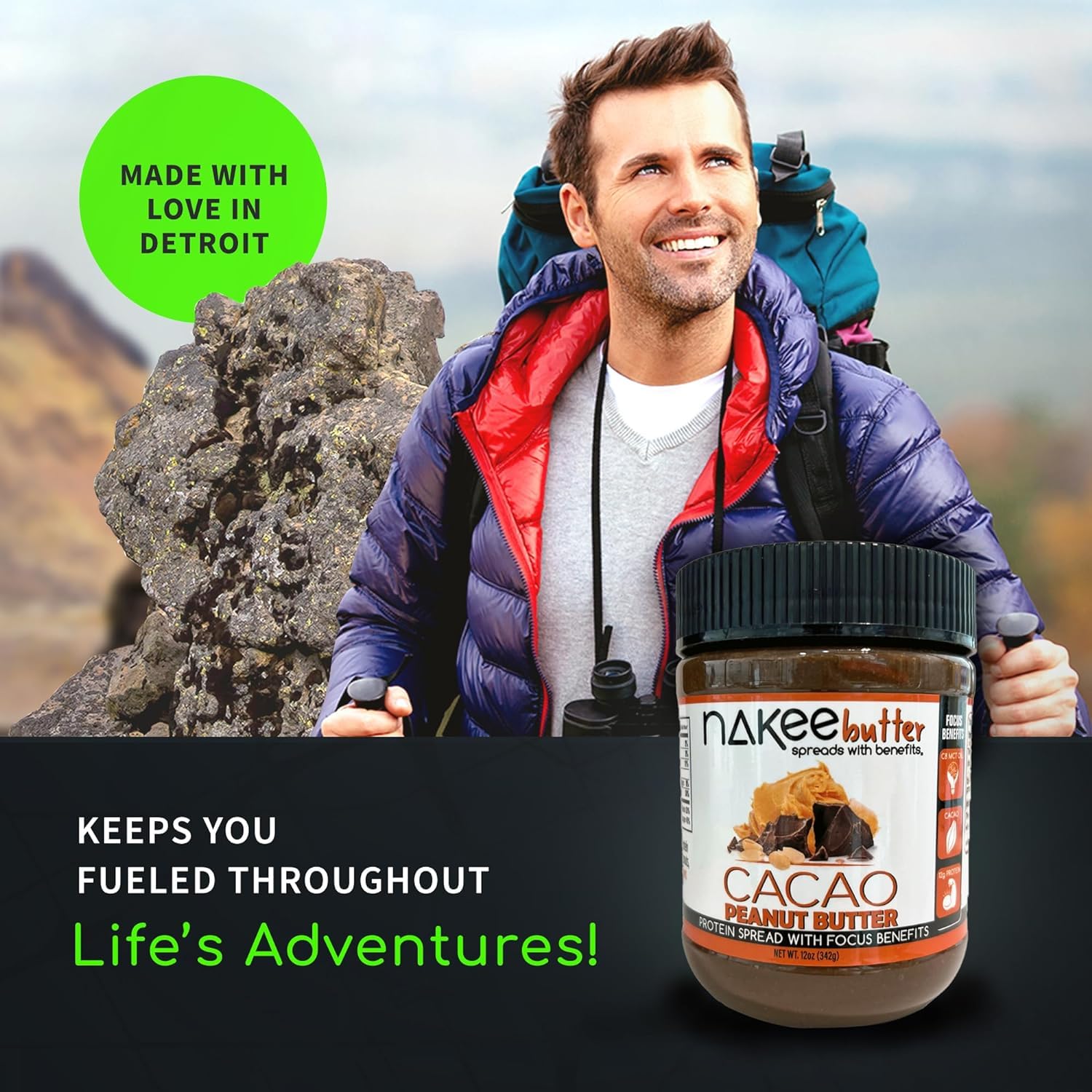 Nakee Butter Focus cacao peanut butter jar high-protein snack for active days.