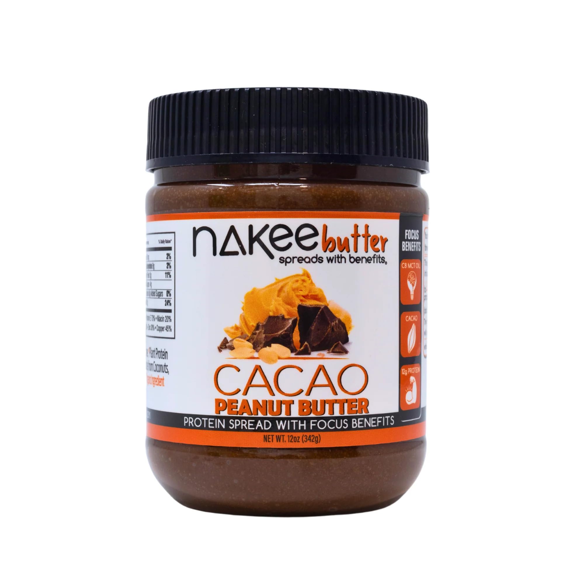 Nakee Butter Focus cacao peanut butter jar label highlighting gluten-free, high-protein nutrition.