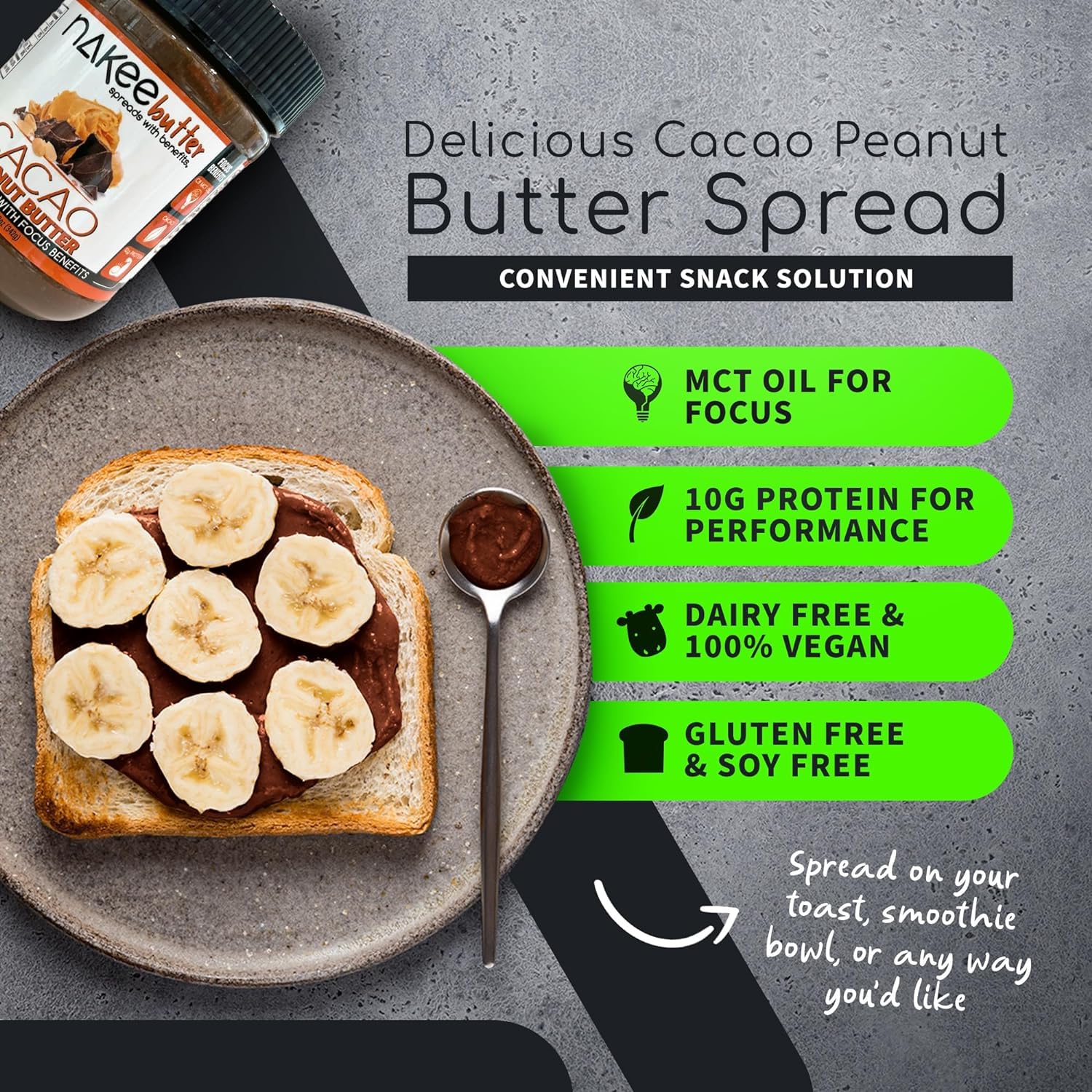Nakee Butter Focus cacao peanut butter jar with MCT oil for steady energy.