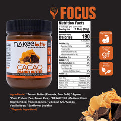 Nakee Butter Focus cacao peanut butter jar spread on spoon for a quick energy boost.