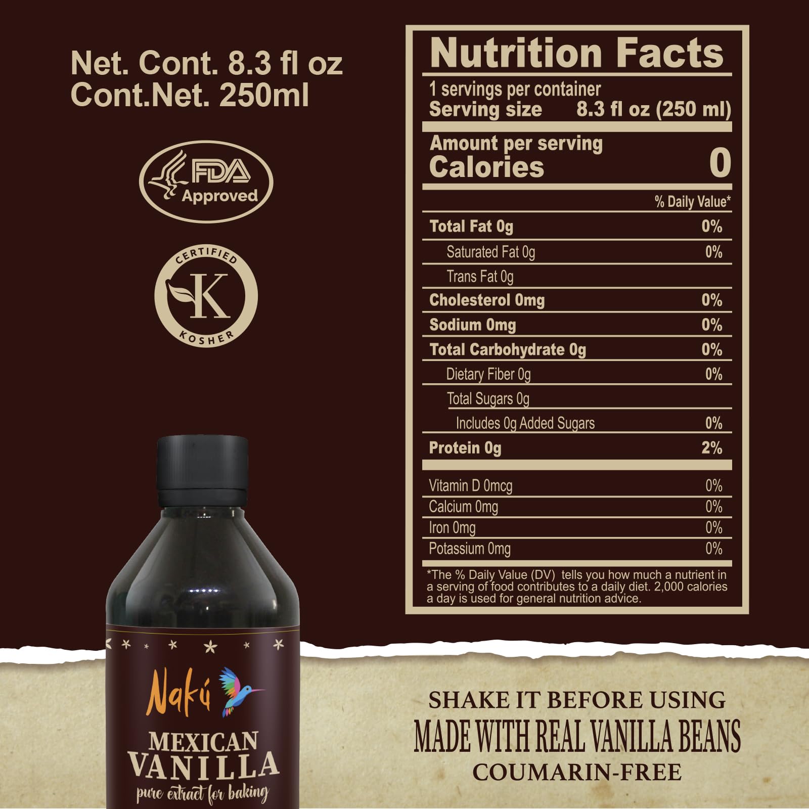 Naku Vanilla Extract amber liquid close-up highlighting deep flavor for desserts.