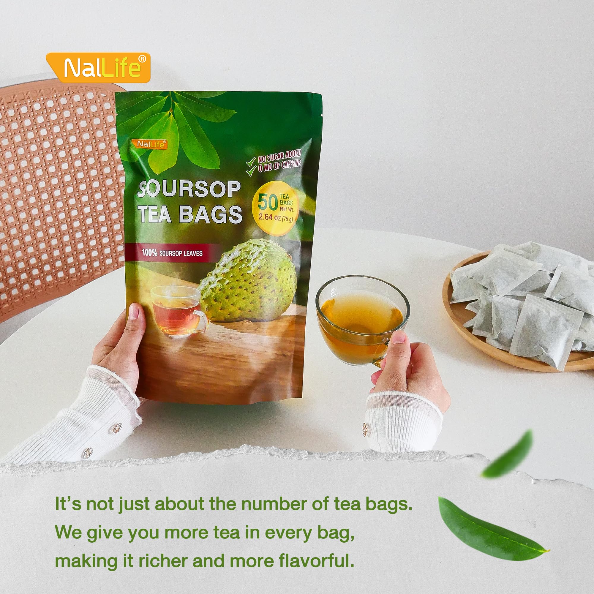 NalLife Soursop tea bags visible leaf pieces inside bag signaling authenticity.