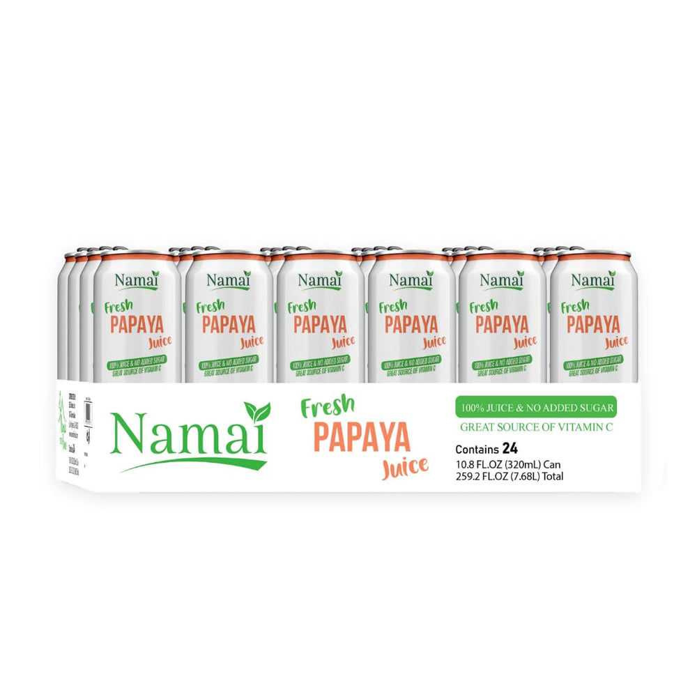 Namai Papaya Juice ingredients panel showcases one-ingredient natural papaya.