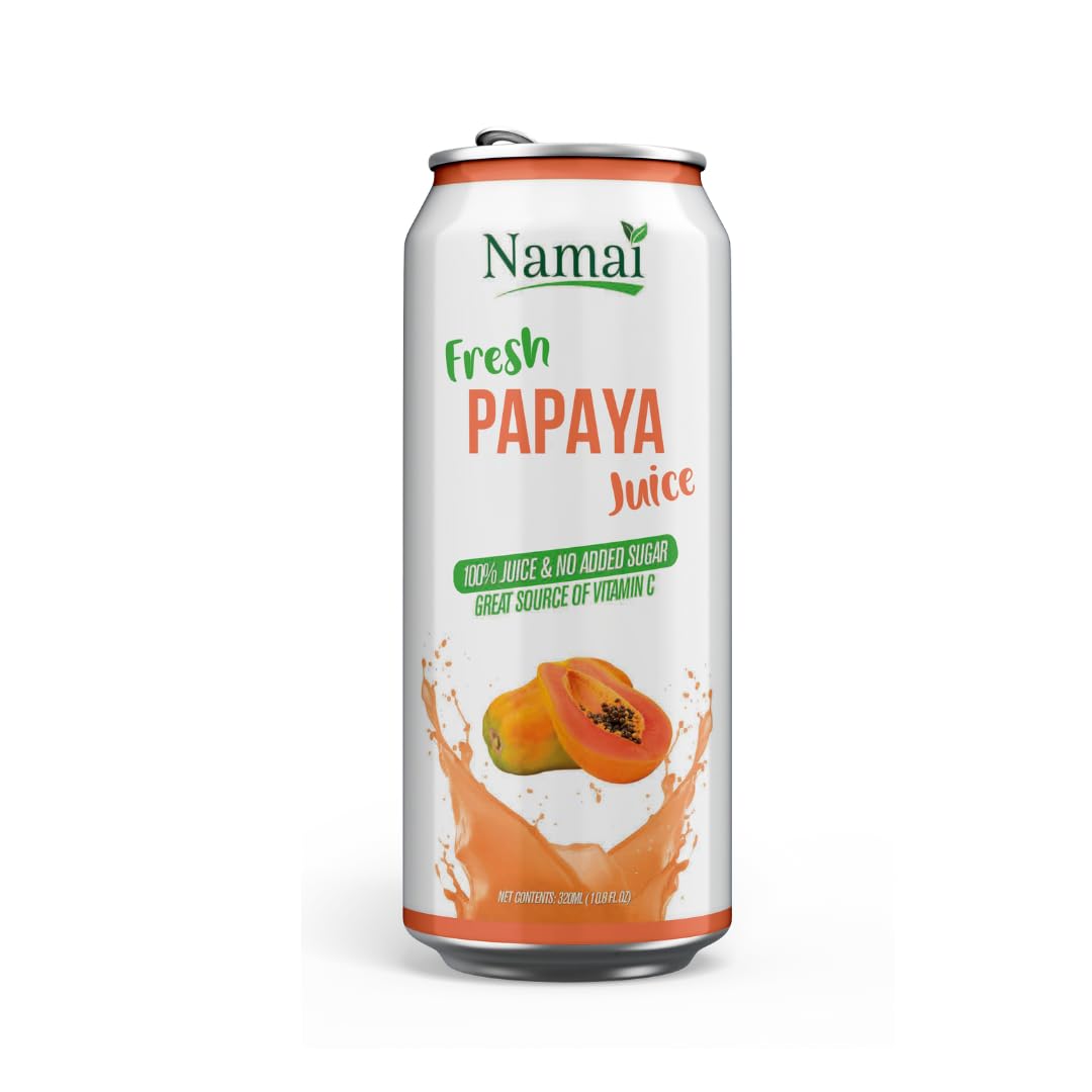 Namai Papaya Juice pack front highlights 24-pack convenience and preservative-free claim.
