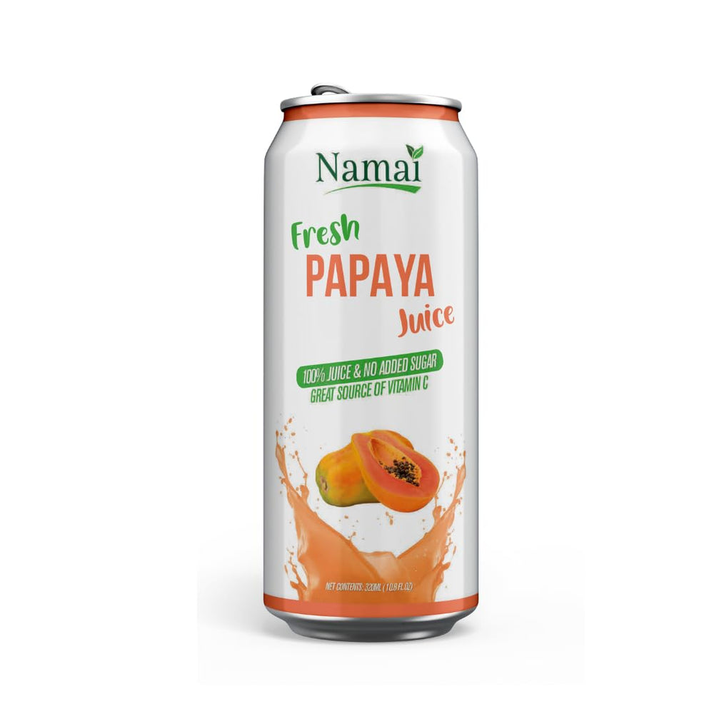 Namai Papaya Juice pack front highlights 24-pack convenience and preservative-free claim.