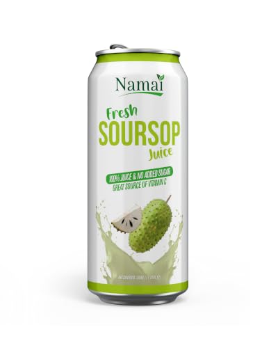 Namai Pure Soursop Juice can front shows 100% fruit content and no added sugars.