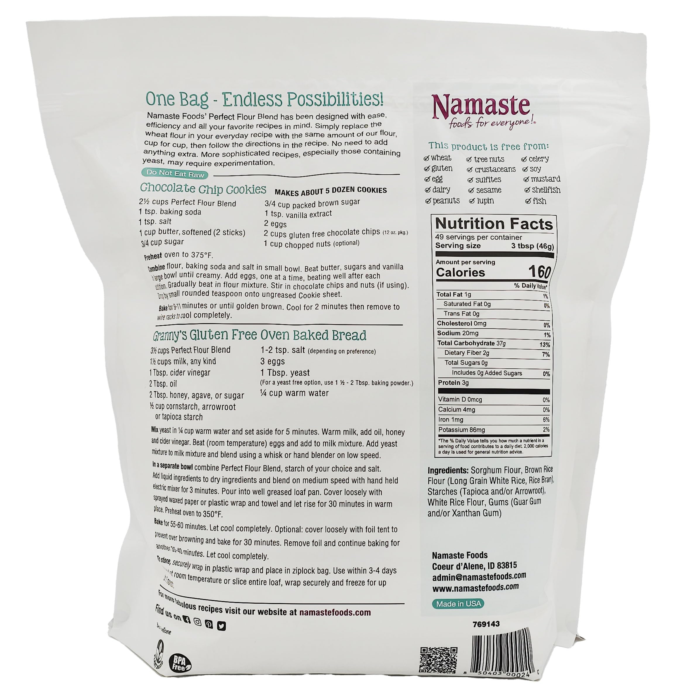 Namaste Foods gluten-free flour packaging highlighting allergen-free, vegan ingredients.