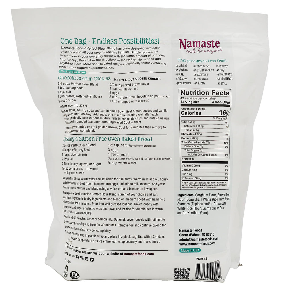 Namaste Foods gluten-free flour packaging highlighting allergen-free, vegan ingredients.