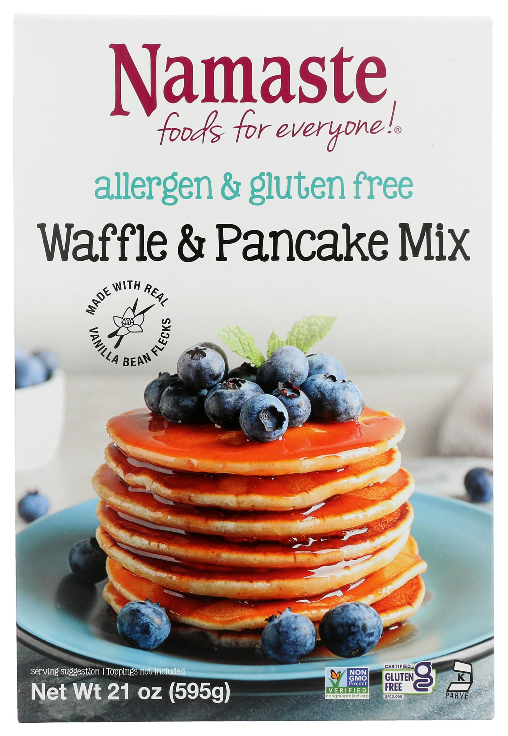 Namaste Foods gluten-free mix box with six-pack packaging for family breakfasts.