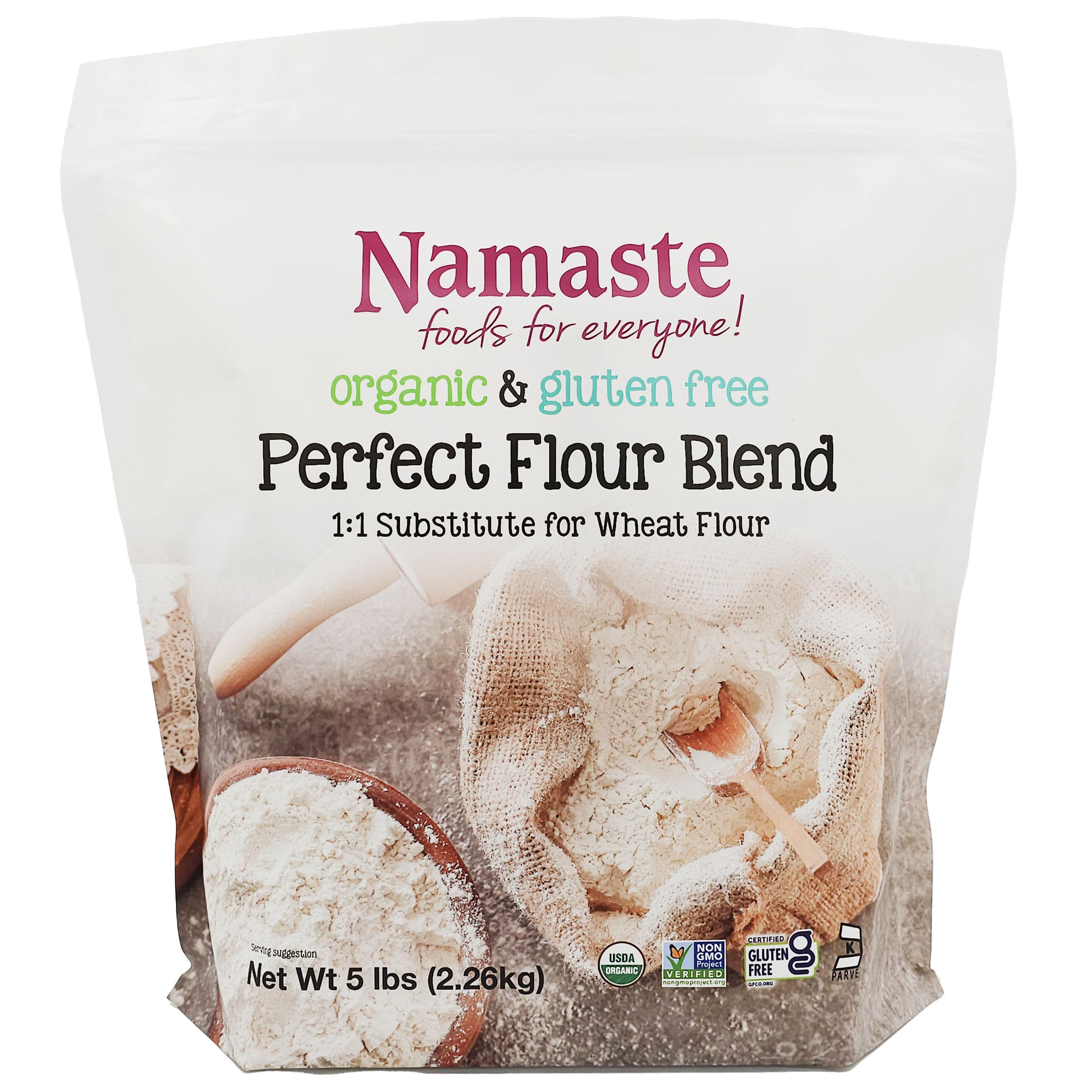 Namaste Foods Organic Perfect Flour Blend bag for gluten-free baking.