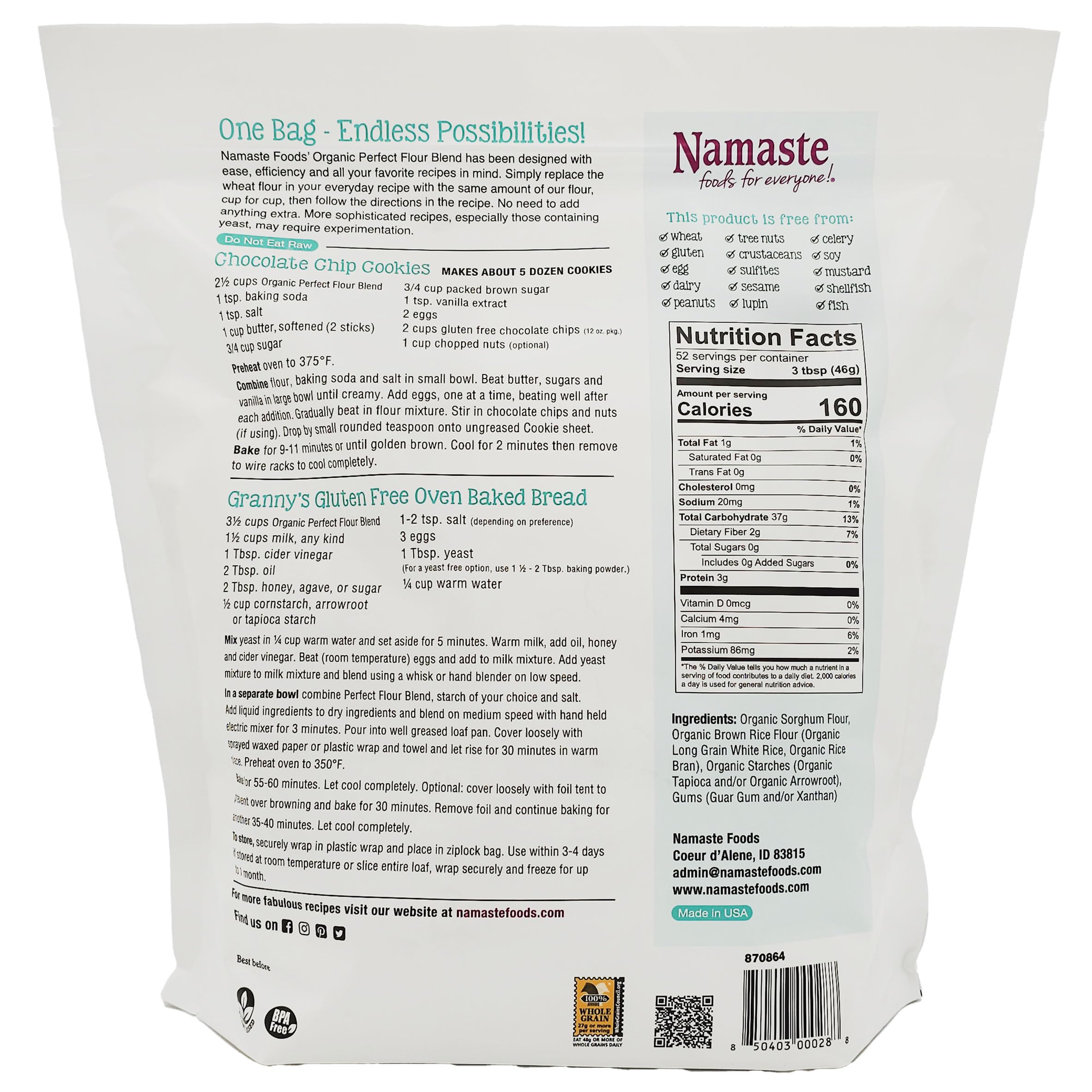 Namaste Foods Organic Perfect Flour Blend cup-for-cup substitute for easy gluten-free replacement.
