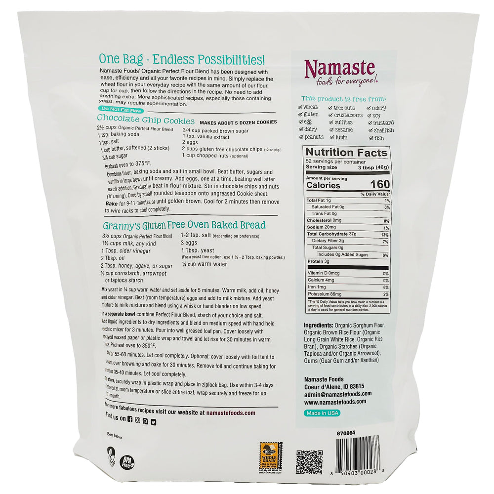 Namaste Foods Organic Perfect Flour Blend cup-for-cup substitute for easy gluten-free replacement.