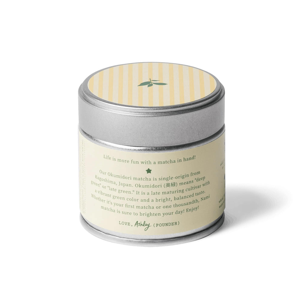 Nami Matcha Okumidori ceremonial-grade powder close-up with vivid green hue.