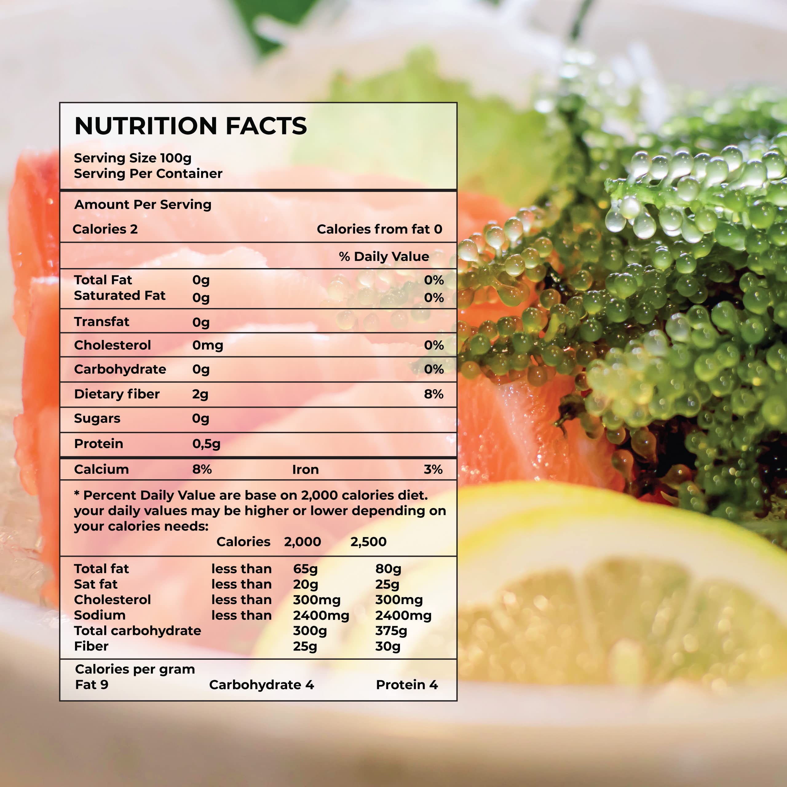 NAMISO OKINAWA sea grapes nutrition label highlights fiber and vitamins.