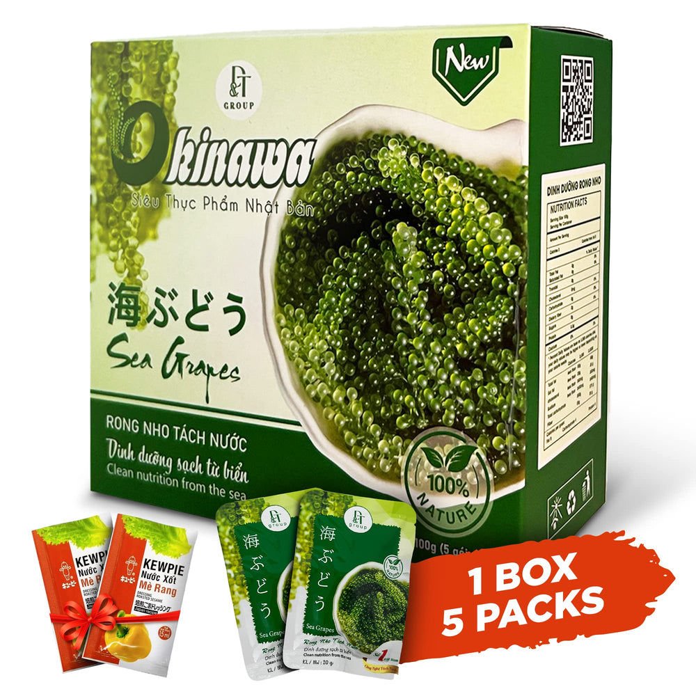 NAMISO OKINAWA sea grapes packaging shows natural dehydrated seaweed snack.