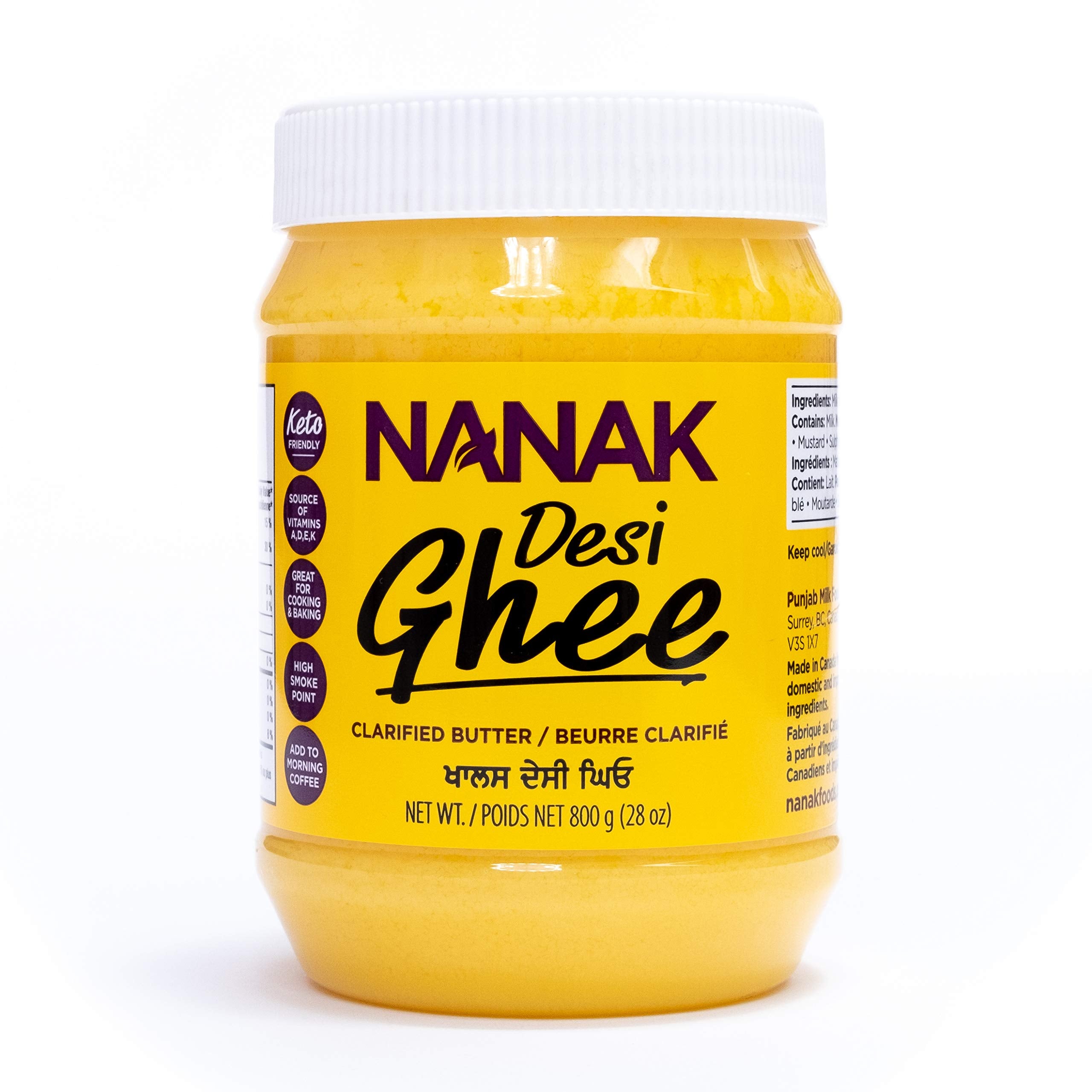 Nanak Desi Ghee jar with pour spout, ideal for dairy-free cooking.